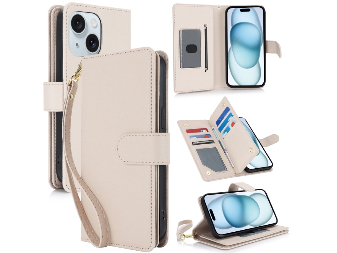 Capa Carteira De Couro Para Iphone 15 Plus - Com Rfid - Para Vários Cartões