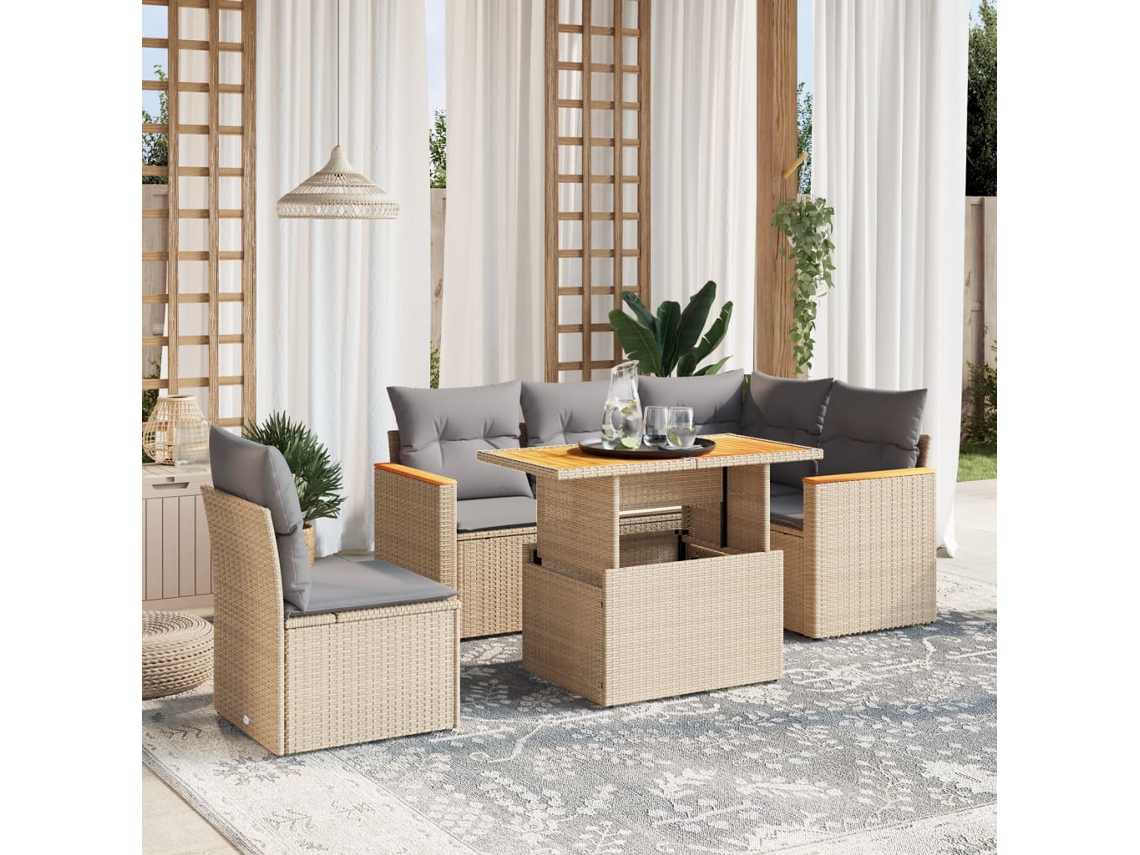 Vidaxl 6 Pcs Conjunto De Sofás P/ Jardim Com Almofadões Vime Pe Bege