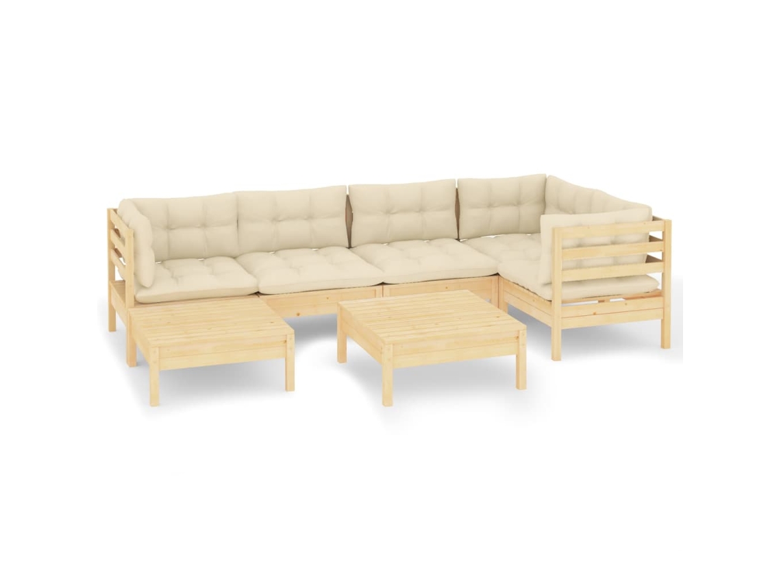 Conjunto de 7 Lounge Jardim com Almofadões Creme Pinho Maciço MAISON EXCLUSIVE