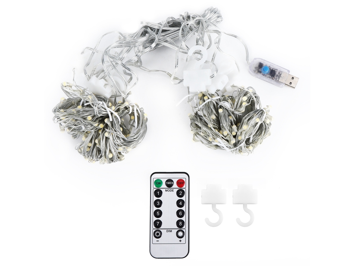Cortina de luzes LED 2026 3x3M com 300 LEDs e controle remoto USB para decoração de Natal, casamentos e festas.