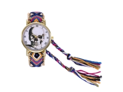 Relógio de Quartzo com Pulseira de Linho Tecido Trançado Padrão de Crânio e Números Romanos Azul Royal