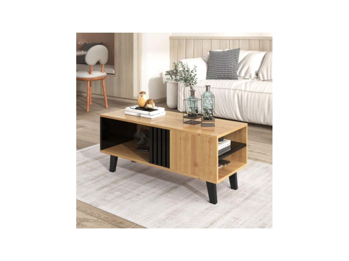 Mesa De Centro 100x60x45 Cm Em Madeira Colorida E Preto, Com Gavetas Sofá, Sala De Estar, Multifuncional E Design Único Liptaptyn