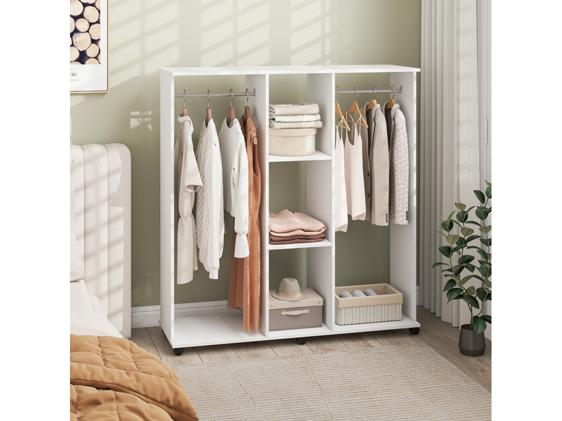 Guarda-roupa Móvel De Armazenamento 6 Rodas 120x40x128 Cm Madeira Branca