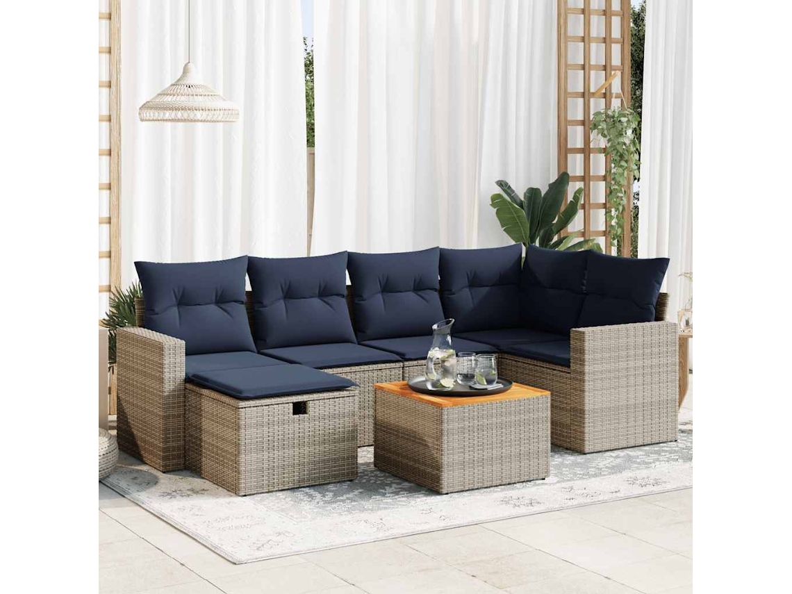 Vidaxl 7 Pcs Conjunto Sofás P/ Jardim C/ Almofadões Vime Pe Cinzento