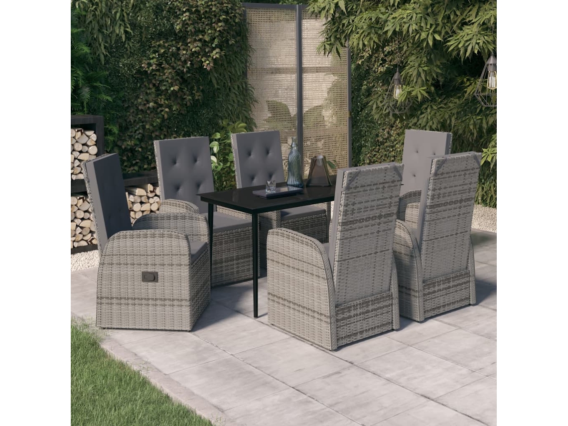 Vidaxl 7 Pcs Conjunto De Jantar Para Jardim Com Almofadões Cinzento