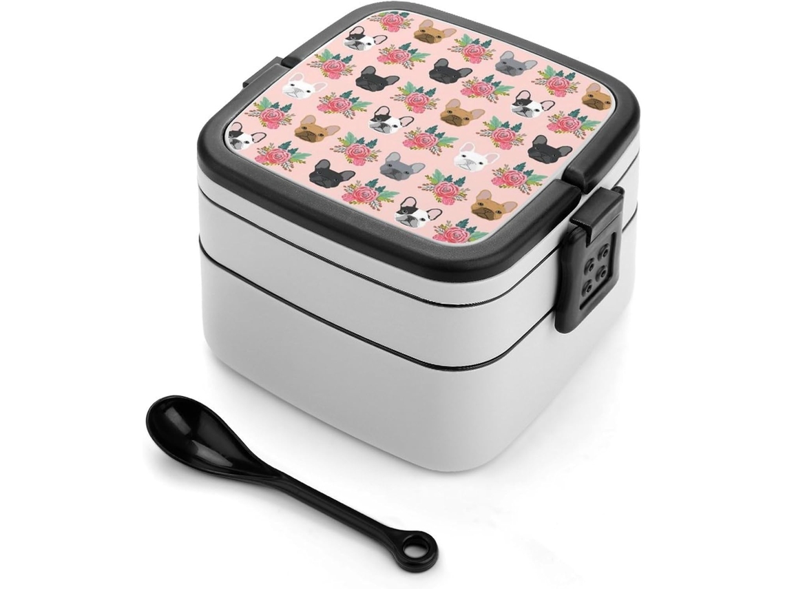 Marmita Bento De Camada Dupla Para Buldogues Franceses E Flores, 1000ml Empilhável À Prova De Vazamentos Com Colher
