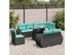 Vidaxl 9 Pcs Conjunto Sofás P/ Jardim Almofadões Vime Pe/acácia Preto
