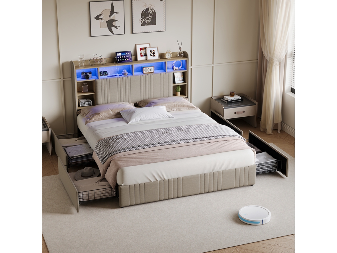 Cama De Casal 160x200 Cm Com Gavetas, Cabeceira De Linho, Led Rgb, Usb E Type-c | Cama De Adulto Moderna Com Arrumação