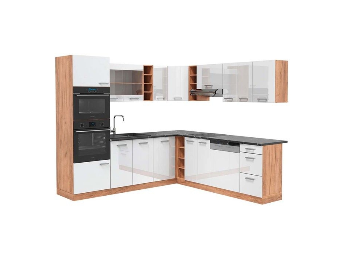 Cozinha de canto R-Line, 237 x 247 cm, PT Antracite, Branco brilhante/Carvalho dourado, Vicco