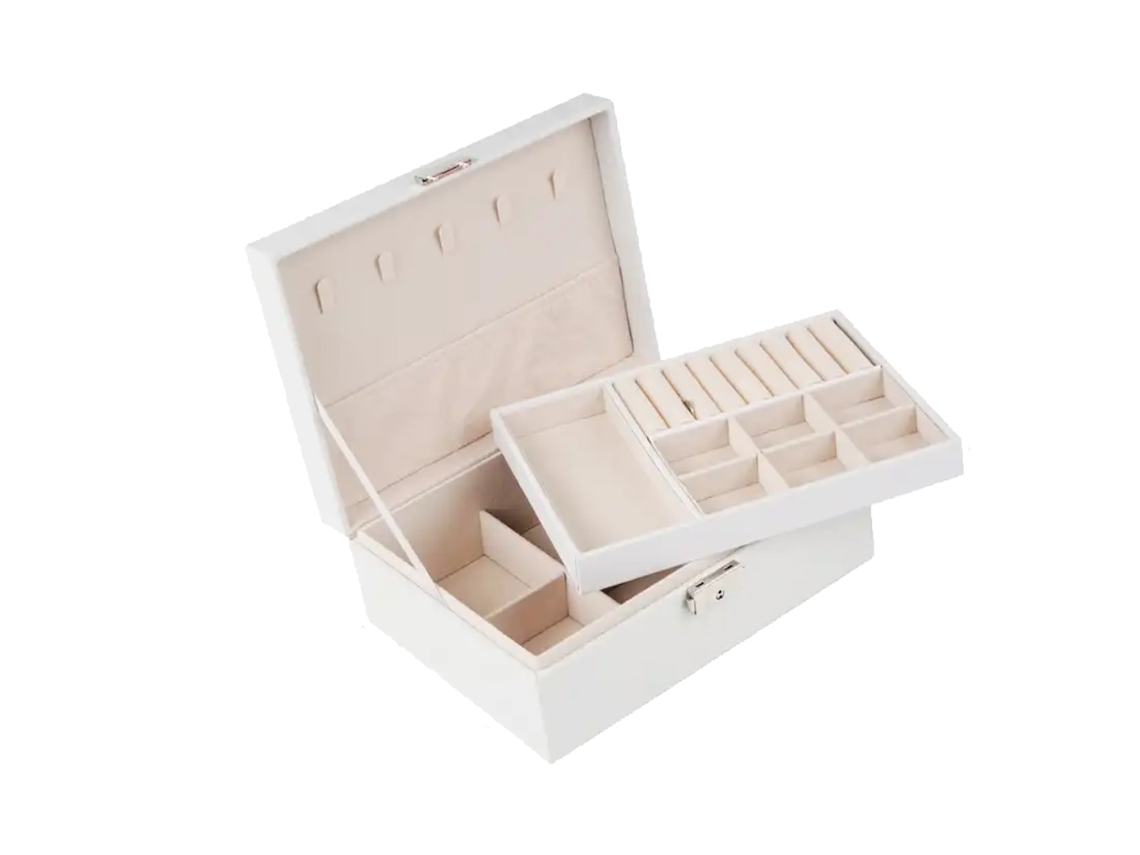 Organizador De Bijuterias Em Couro Orgânico Com 2 Compartimentos Com Fecho Branco