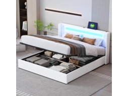 Cama Box 160x200 Com Led Bluetooth Usb Armário Couro Pu Branco