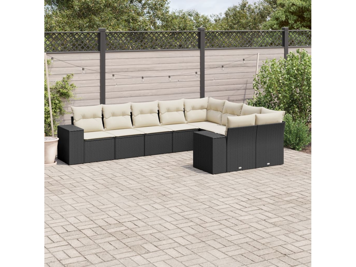 9 Pcs Conjunto De Sofás P/ Jardim C/ Almofadões Vime Pe Preto Dkd Home Decor