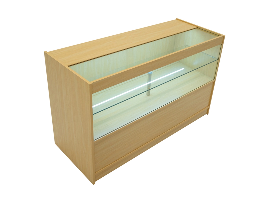 Balcão Comercial LED C1500 MonsterShop MDF Maple, Vidro Temperado, 150x60x90 cm, 3 Prateleiras