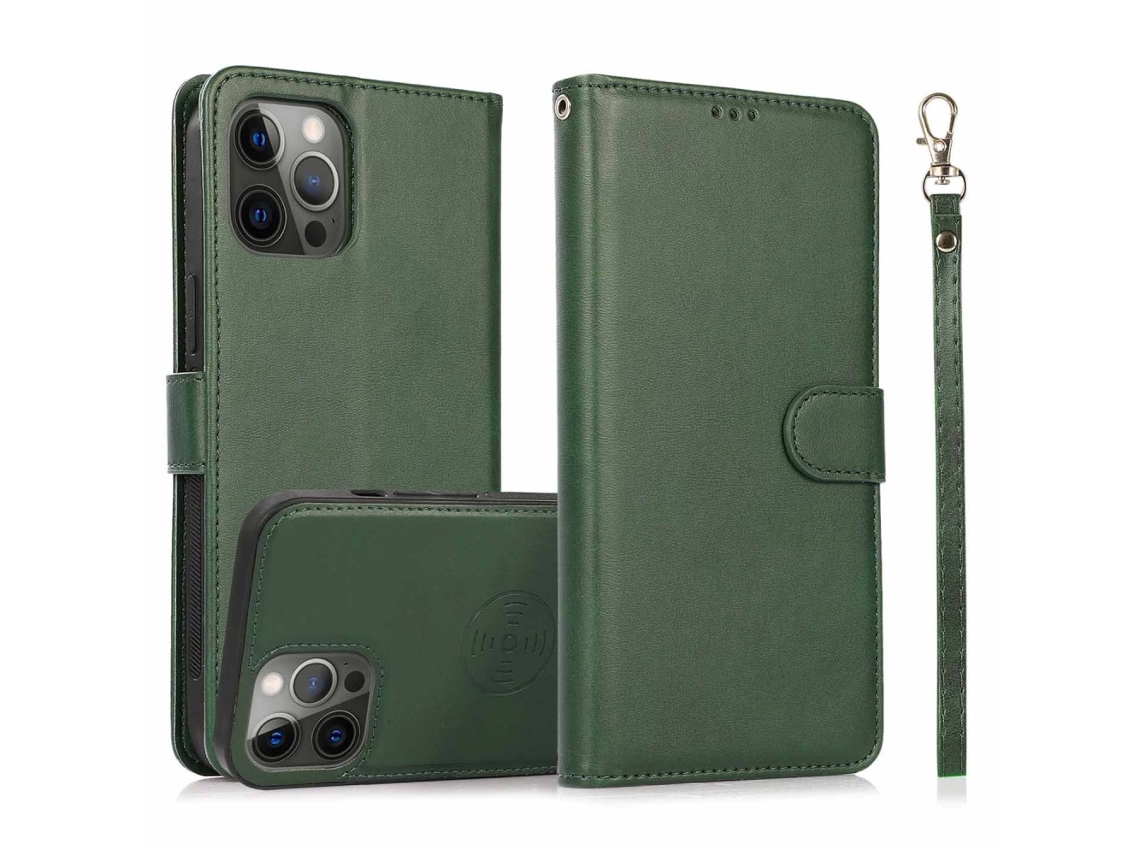 Capa Amovível Para Iphone 15 Pro Pele Sintética Verde
