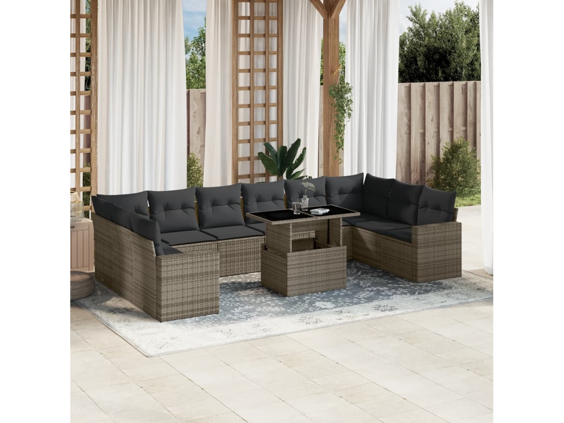 Vidaxl 11 Pcs Conjunto Sofás De Jardim C/ Almofadões Vime Pe Cinzento