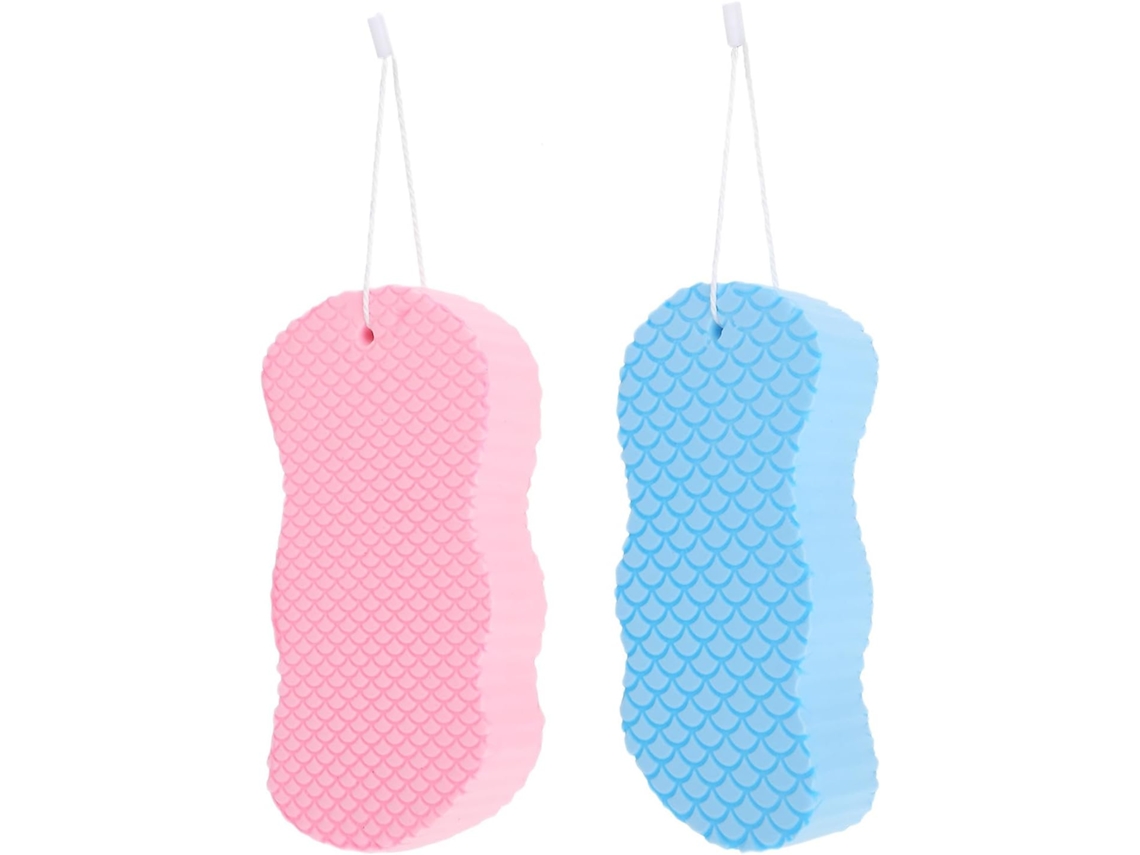 Conjunto de 2 esponjas de banho para bebês, feitas de material resistente, que acalmam a pele delicada.