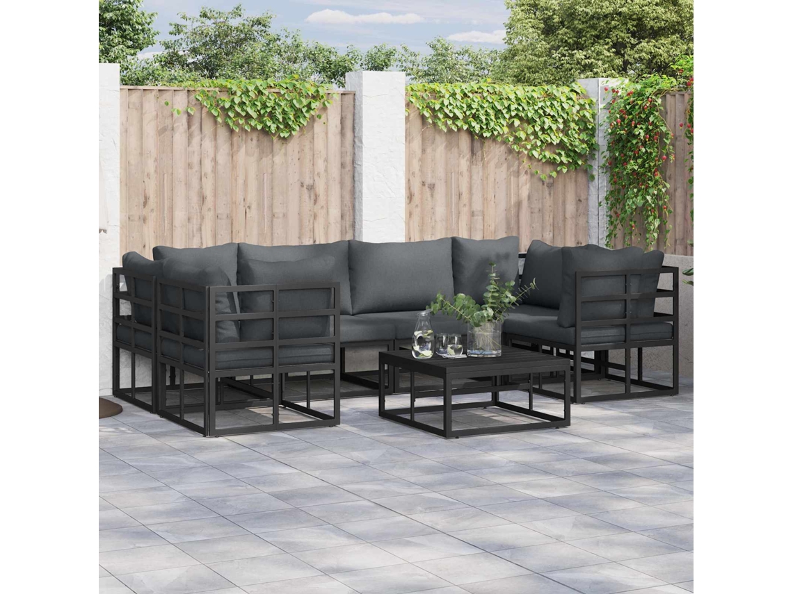 Vidaxl Conjunto De Sofá De Jardim Com Almofada 7 Pcs Preto Alumínio