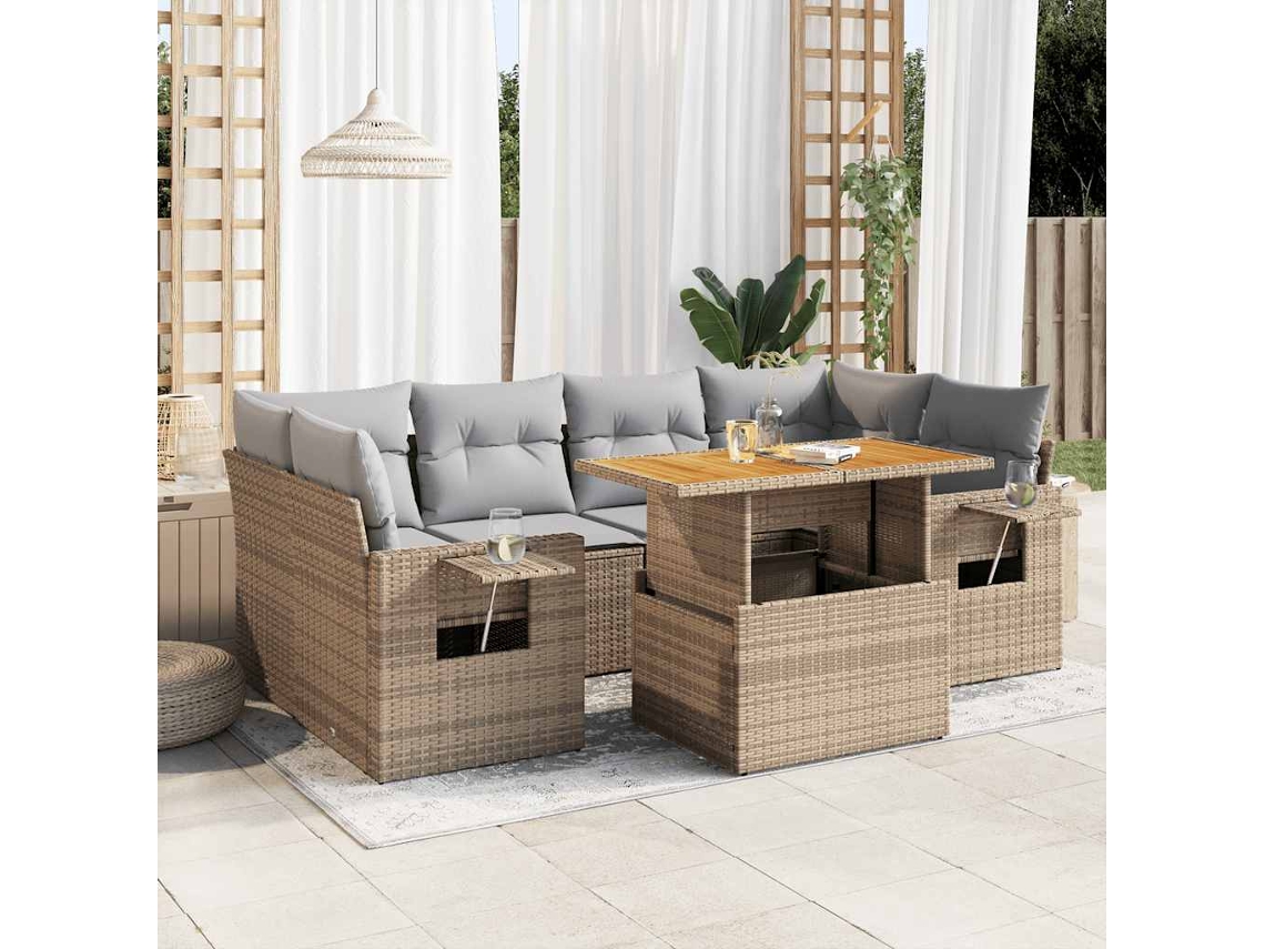 Vidaxl 7 Pcs Conjunto de Sofás P/ Jardim com Almofadões Vime Pe Bege