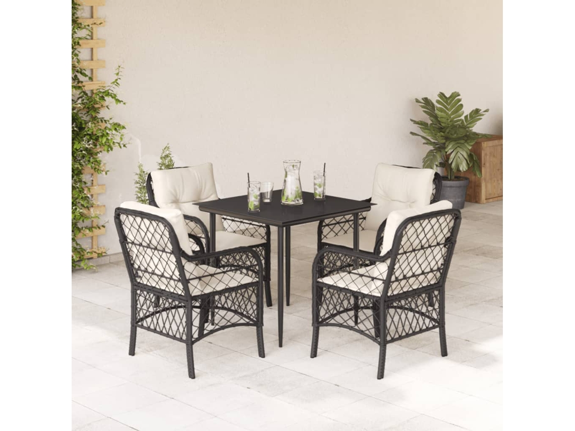Vidaxl 5 Pcs Conjunto De Jantar P/ Jardim C/ Almofadões Vime Pe Preto