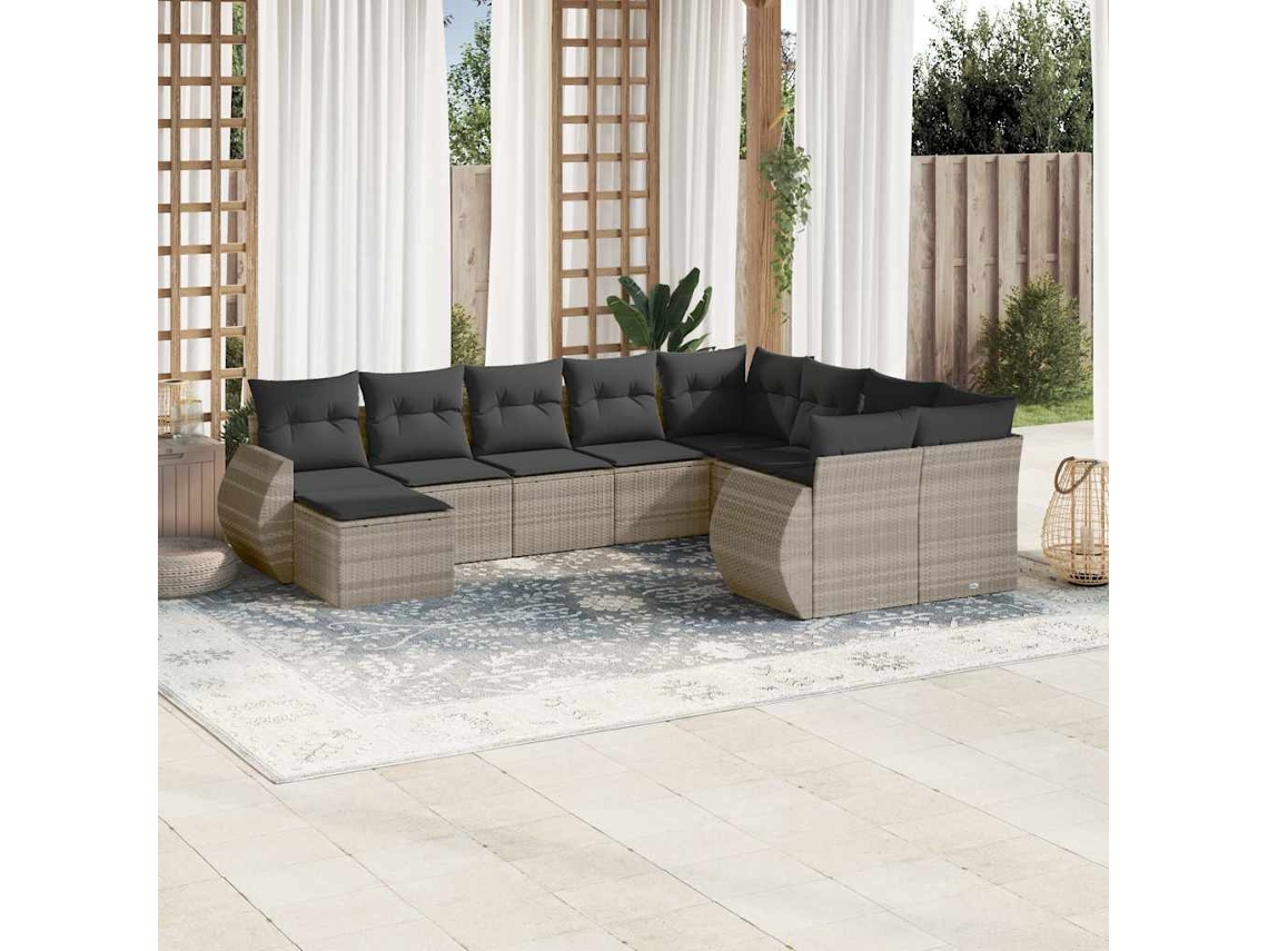 Vidaxl 10 Pcs Conj. Sofás Jardim Com Almofadões Vime Pe Cinzento-claro