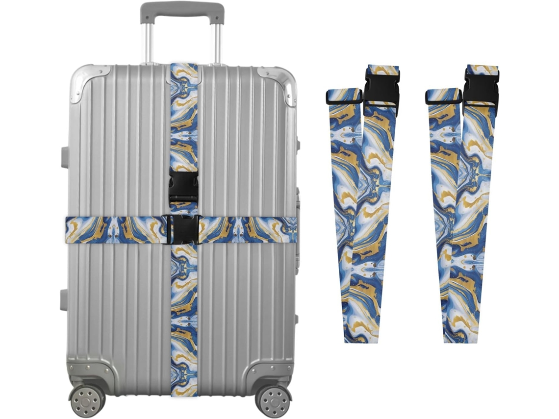 Conjunto De 2 Cintas Bagagem Personalizáveis Com Fivelas Mármore Azul, Dourado E Branco