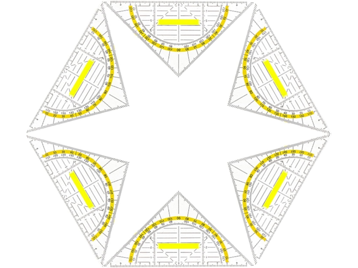 Conjunto de 6 esquadros com cabo, instrumento de medição geométrica, régua triangular transparente para universidades e ensino.