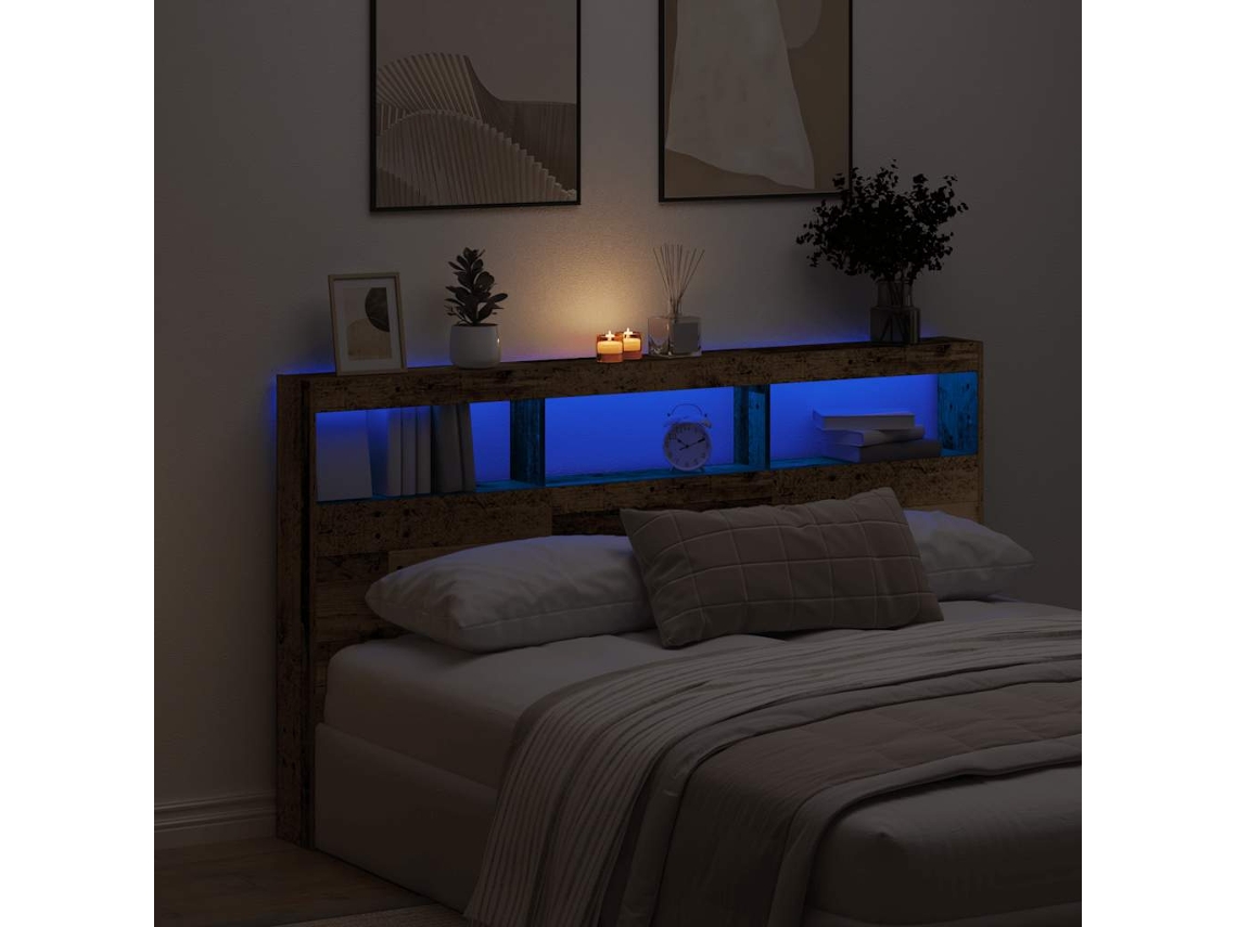 Vidaxl Armário De Cabeceira Com Luzes Led 180x17x102 Cm Madeira Velha