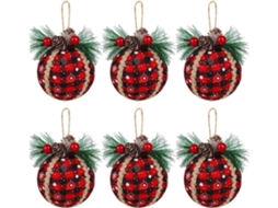 Conjunto de 6 Bolas de Natal Xadrez em Tecido Preto e Vermelho com Pinhas Folhagem, Ergonômico, Uso Diário STELASPLEN