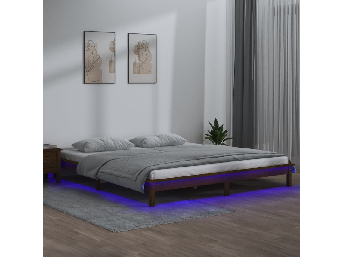 Vidaxl Estrutura De Cama C/ Leds 200x200cm Madeira Maciça Castanho Mel