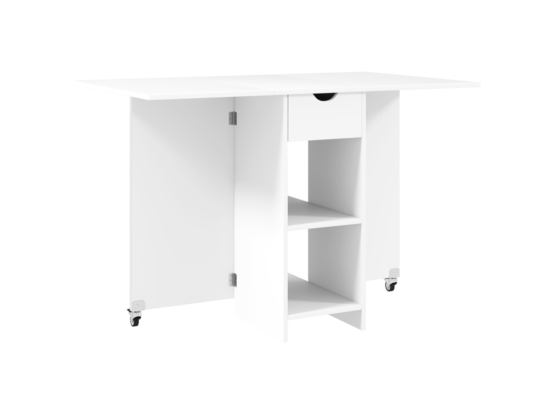 Mesa De Jantar Dobrável Com Rodízios Para 2 A 4 Pessoas, Prateleiras E Gaveta, Branca, 114,5x70x75 Cm.