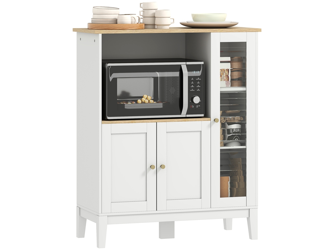 Armário para micro-ondas com 1 nicho, 3 portas, passagem de cabos, 80x35x97cm, branco com efeito madeira BTFORUS