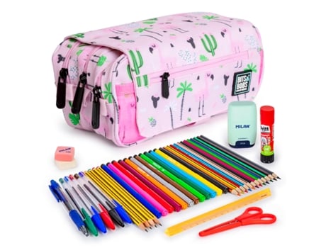 Estojo triplo com 3 zíperes e material escolar incluso. Tropical Colepack