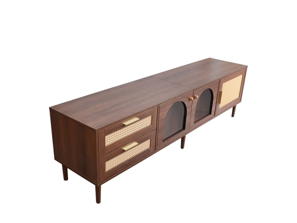 Estante De Tv 180 Cm Para Tvs De 80 Polegadas Com Gavetas De Rattan E Portas De Vidro Curvadas Com Iluminação Led Moderna