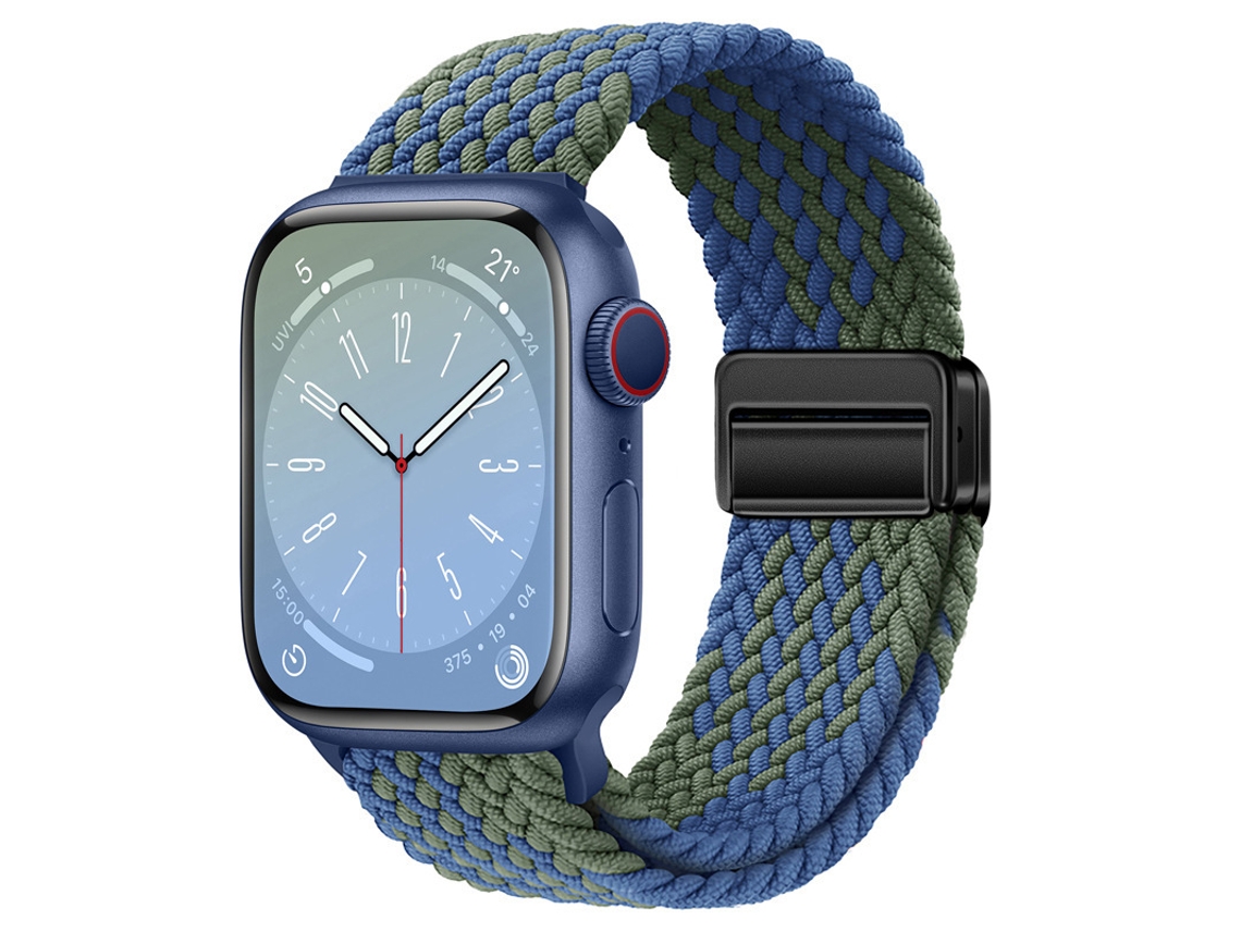 Pulseira magnética de nylon para Apple Watch S10, pulseira elástica arco-íris, padrão Z verde e azul, tamanhos 44, 45 e 46.
