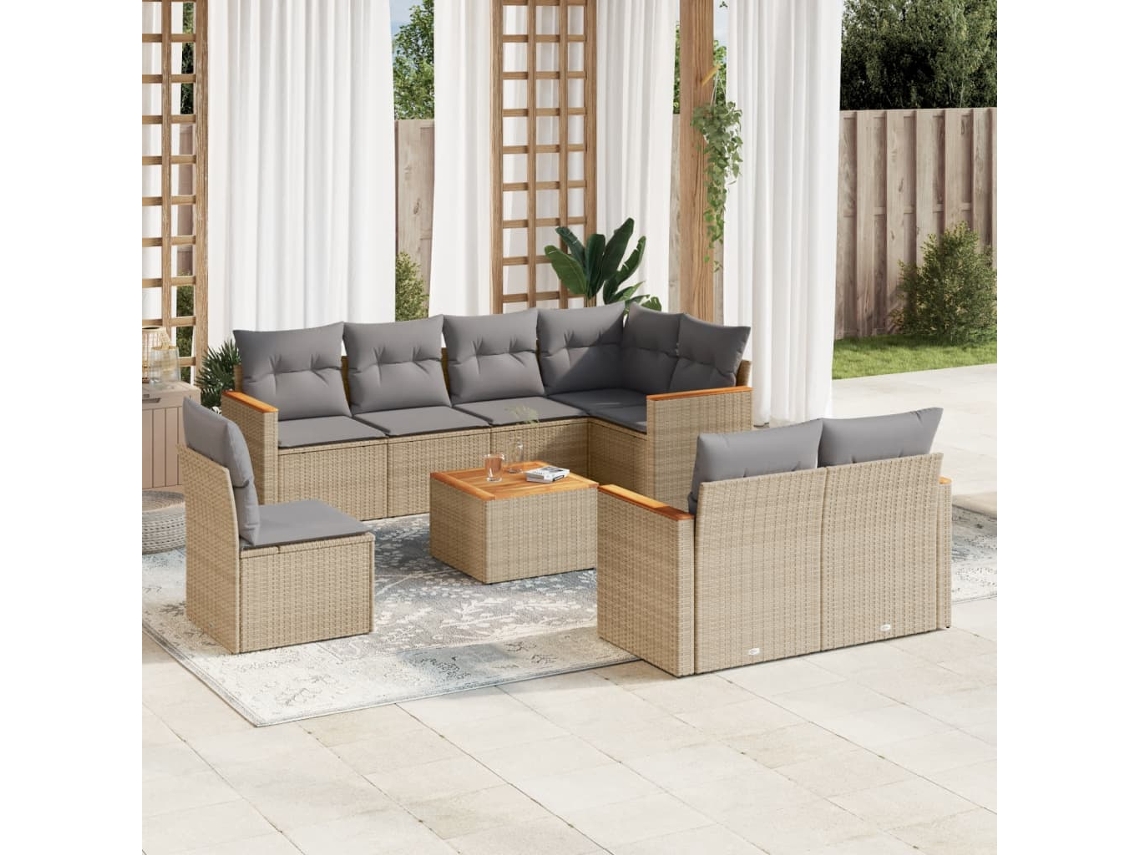 Vidaxl 9 Pcs Conj. Sofás Jardim C/ Almofadões Vime Pe Bege Misturado