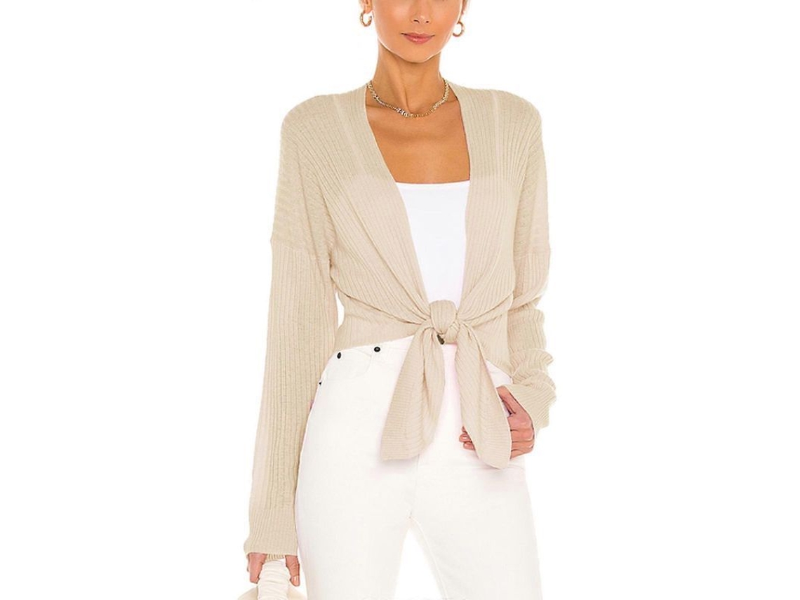 Cardigan Shrug Feminino Com Laço Frontal Cropped Leve Manga Longa Para Ocasiões Diversas Damasco