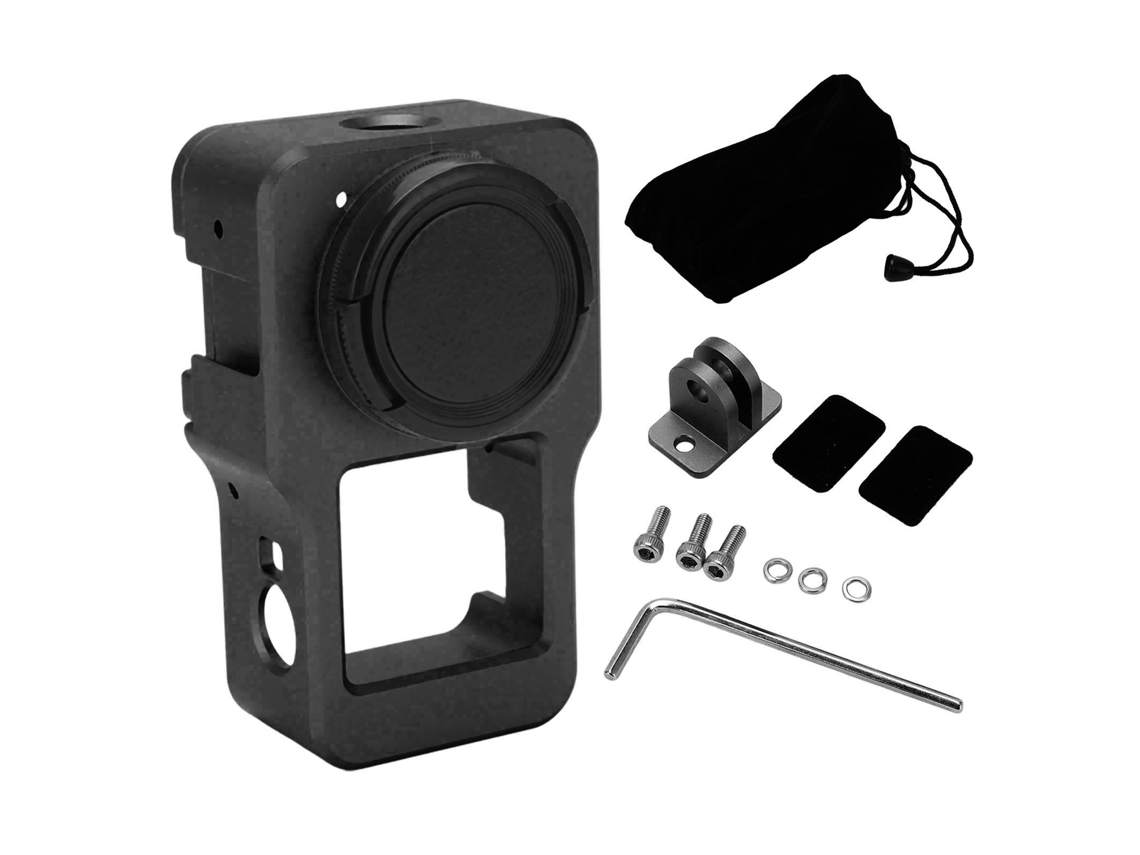 Caixa de proteção contra quedas para câmera de ação DJI Action 2, modelo 2026, com furos roscados de 1/4" e 3/8", na cor preta.