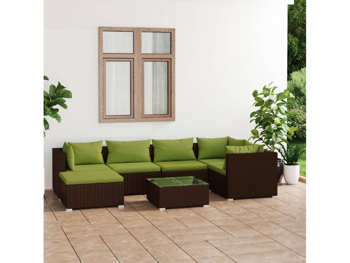 Conjunto 7 Peças Lounge Jardim C/ Almofadões Vime Pe Castanho Dkd Home Decor
