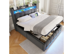 Cama De Casal 140x200cm, Led Usb, Cabeceira Prateleiras Armazenamento Hidráulico, Linho Cinza.-op