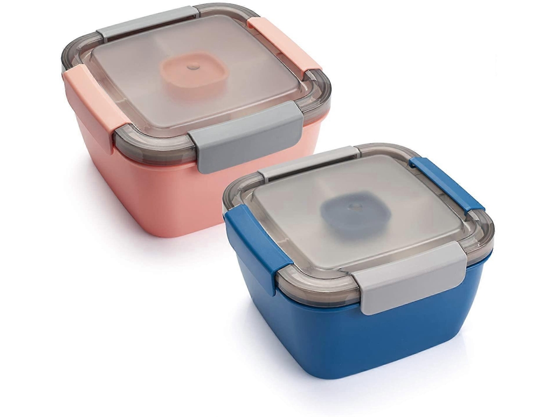 Recipiente de Salada para Almoço, Tigelas de 52 Oz com 3 Compartimentos e Recipiente de Molhos, Azul+rosa