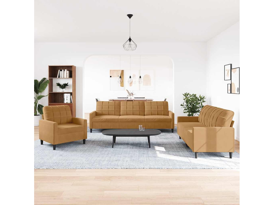 Vidaxl 3 Pcs Conjunto De Sofás Com Almofadões Veludo Castanho