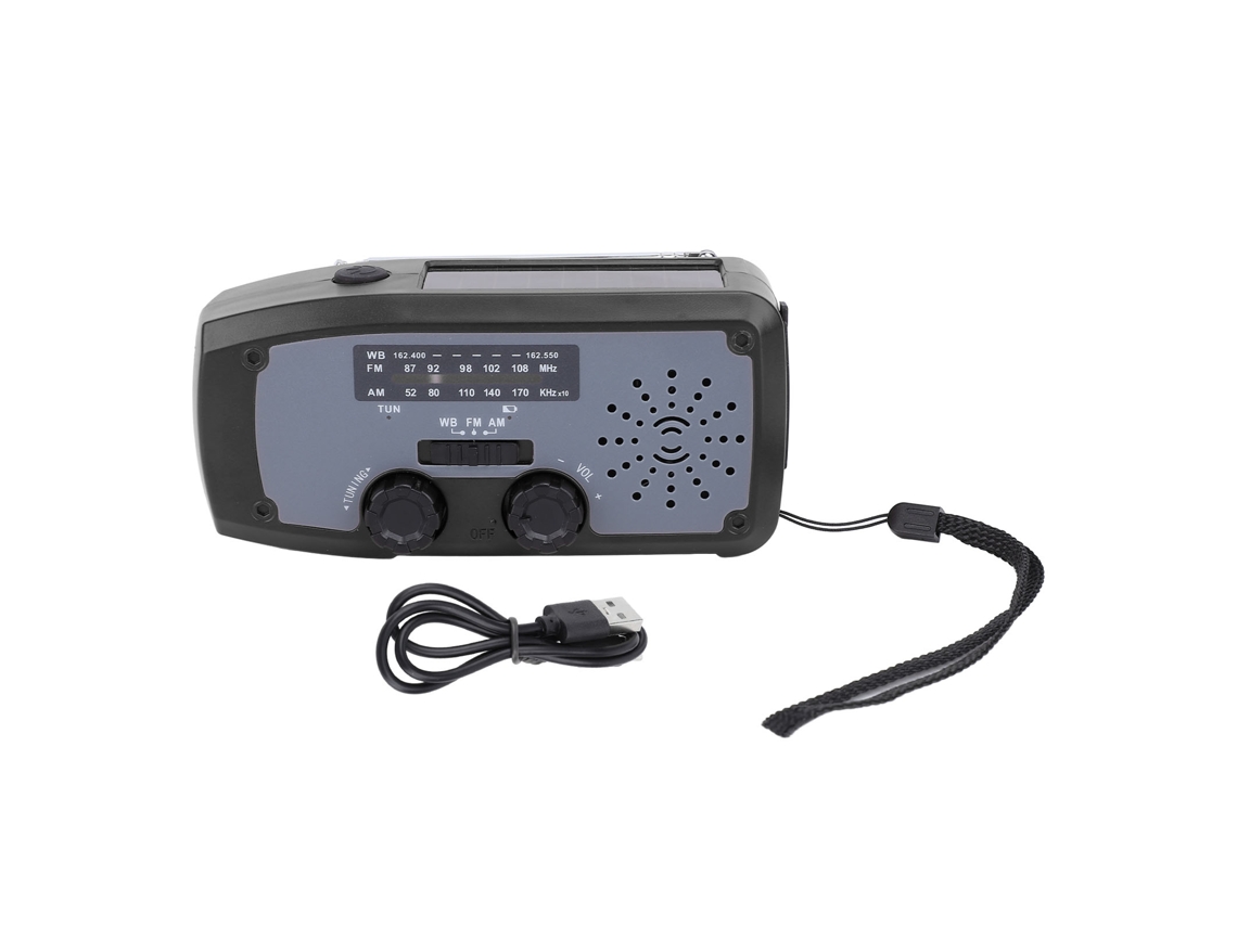 Rádio De Emergência Com Manivela E Lanterna Led Am Fm Noaa Solar Bateria 2000mah Recarregável Portátil Para Campismo Preto