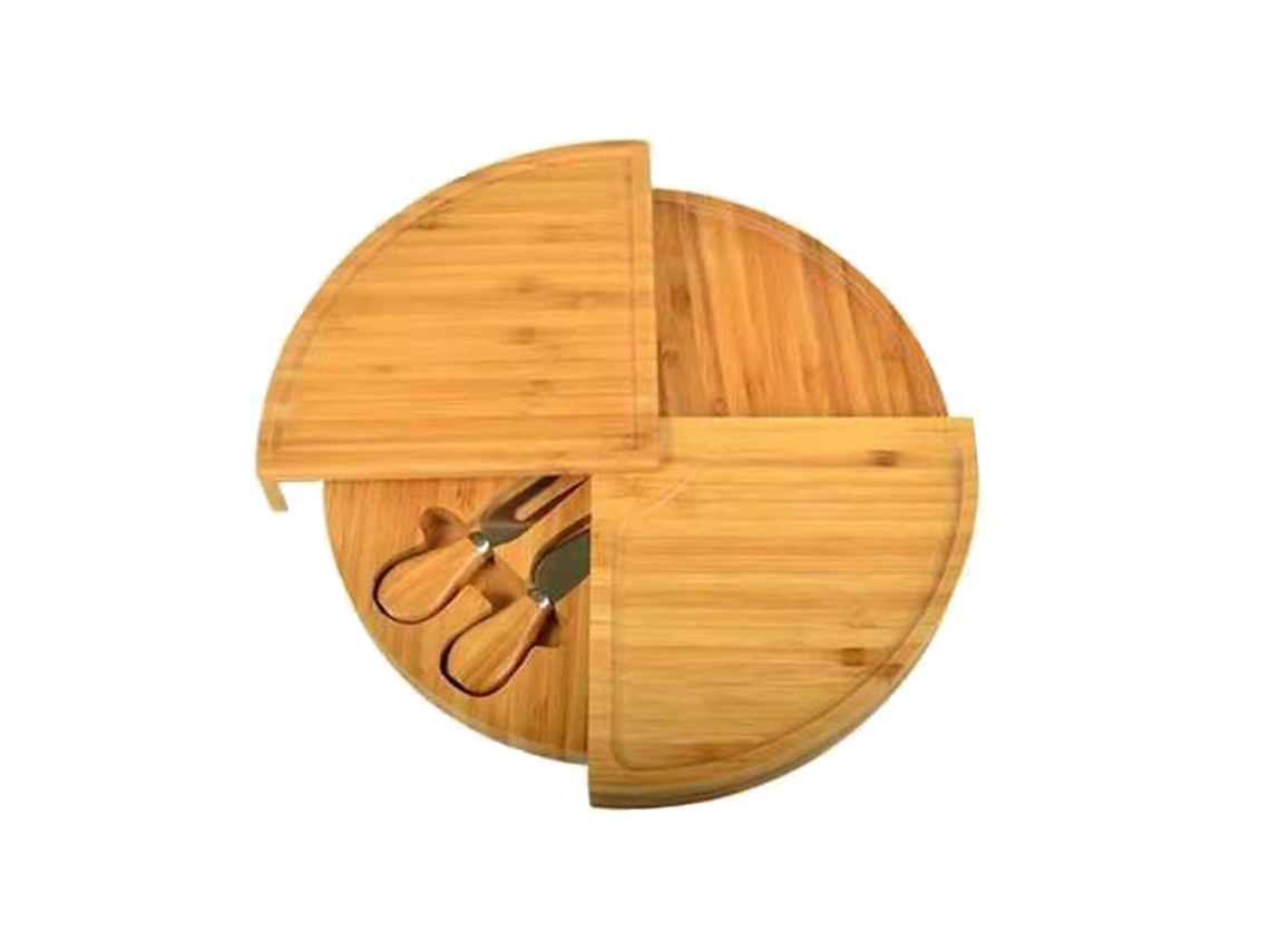 Tabuleiro de Queijo de Bambu com 2 Lâminas e Compartimento Oculto para Pano e Frutas