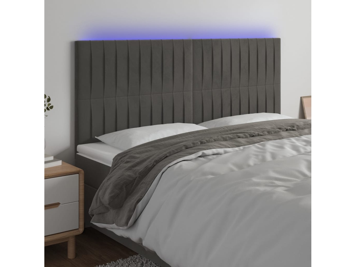 Vidaxl Cabeceira De Cama C/ Led Veludo 180x5x118/128 Cm Cinza-escuro