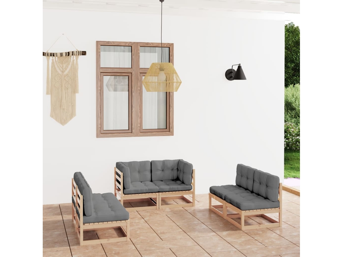 Vidaxl 6 Pcs Conjunto Lounge De Jardim Com Almofadões Pinho Maciço