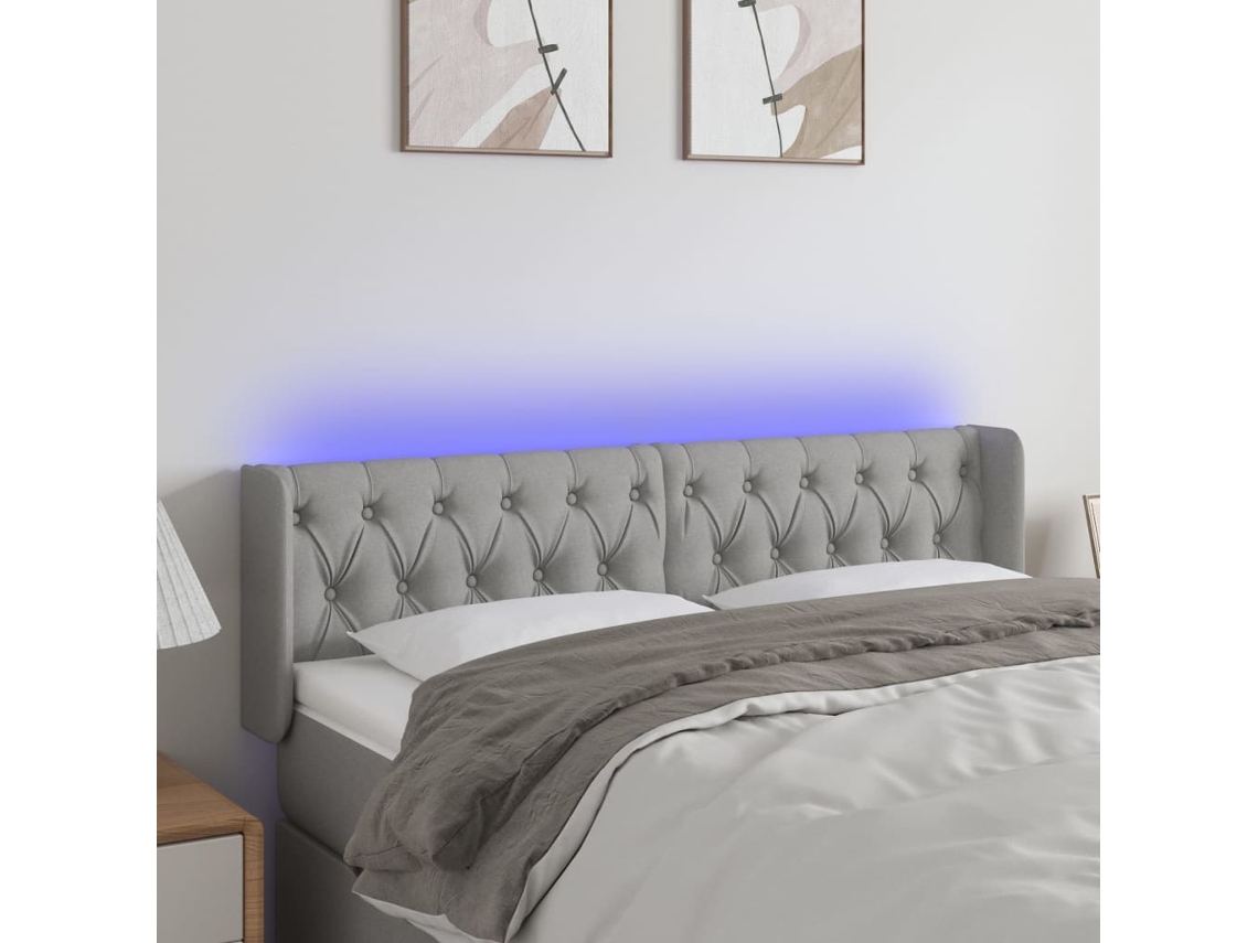 Cabecero con luces LED, tela, 147x16x78/88 cm, gris claro