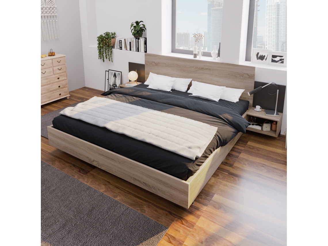 Conjunto Cama Carvalho/cinza 160x200cm, 2 Mesas Cabeceira, 205,5x235x76,5cm.-op