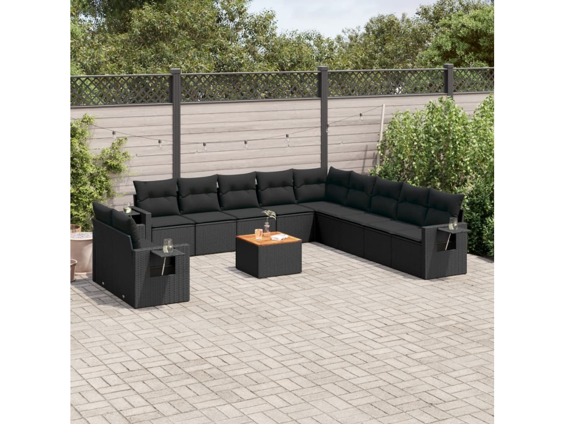 12 Pcs Conjunto De Sofá Jardim C/ Almofadões Vime Pe Preto Dkd Home Decor