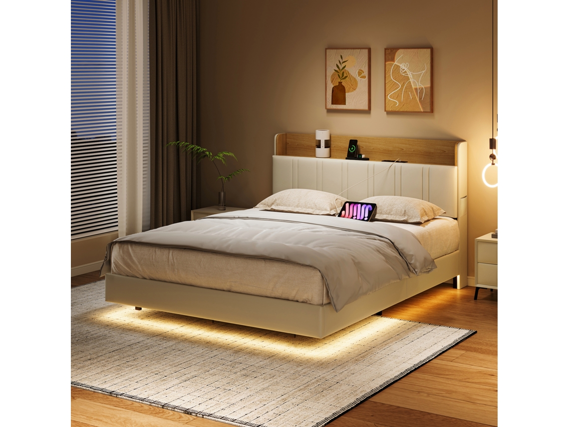 Cama De Casal Estofada 140 X 190 Cm Com Espaço De Arrumação Hidráulica, Cama Funcional Com Led E Estação De Carregamento Usb, Pu Branco, Sem Colchão