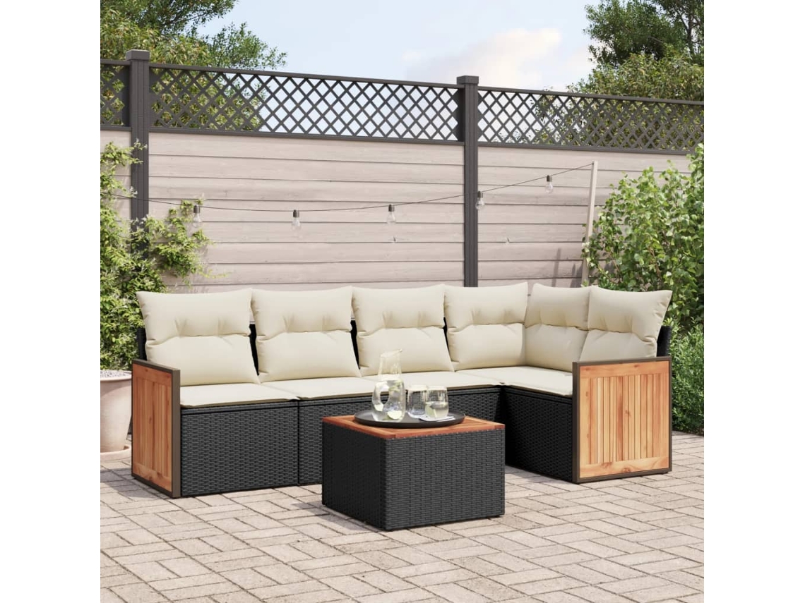 Vidaxl 6 Pcs Conjunto Sofás De Jardim C/ Almofadões Vime Pe Preto